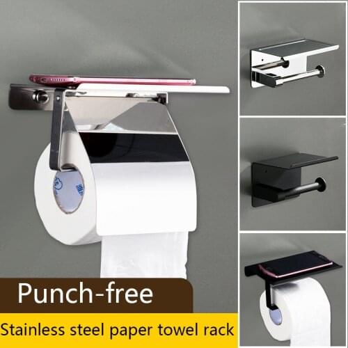 304 Stainless Steel Toilet Tissue Holder Punch-Free Toilet Roll Stand Hotel Bathroom Mobile Phone Stand Storage Rack
