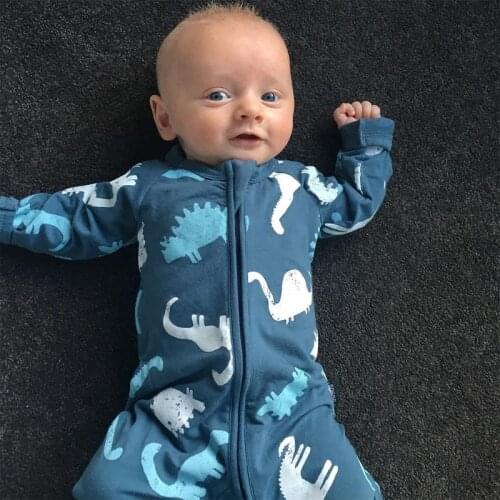 Cartoon Dinosaur Print Baby One-piece Clothes Autumn Newborn Baby Outing Long-sleeved Zipper Cotton Romper