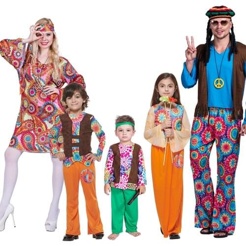 Reneecho Family Hippie Costume 2021 Halloween Cosplay Kids Peace And Love Costume Flower Fancy Dress Women Cheap Carnival Party