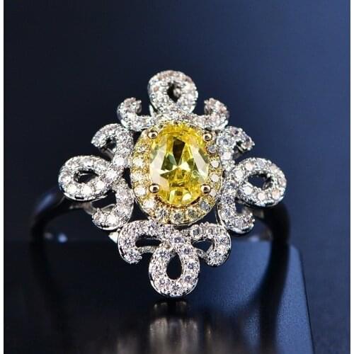 FDLK Fashion Unique Flower Ring Elegant Yellow Rhinestones Zircon Rings For Women Accessories Wedding Party Girl Gift