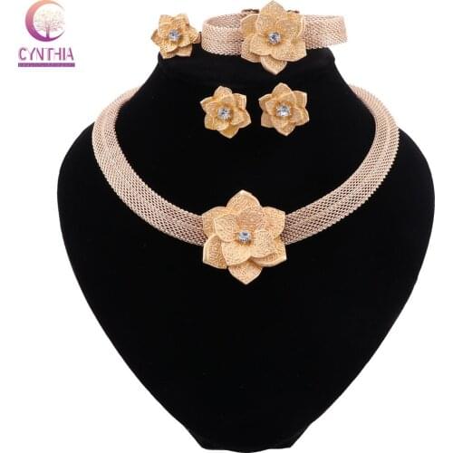 CYNTHIA African Dubai Fashion Jewelry Sets Bride Necklace Flower Shape Crystal Earring Ring Charm Women Bracelet for Women