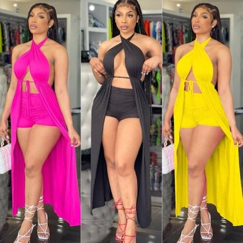 ZKYZWX 2 Piece Set Halter Dresses Biker Shorts Summer Beachwear Outfits for Women Off Shoulder Sexy Night Party Matching Sets