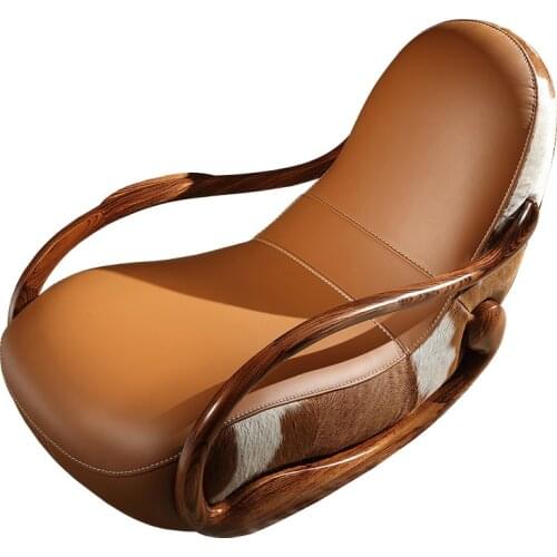 Modern Chinese ebony solid wood art rocking chair family living room adult leather leisure chair K1