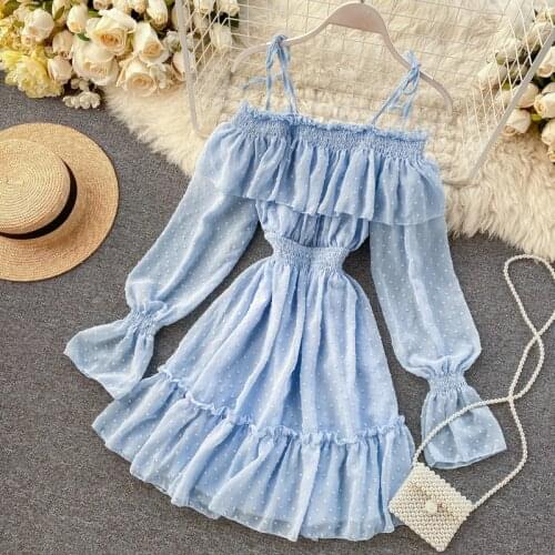 Summer Women Slash Neck Flare Sleeve Strap Ruffles Chic Dress Lady Elastic Slim Waist Embroidery Dot Pullover Party Mini Dress