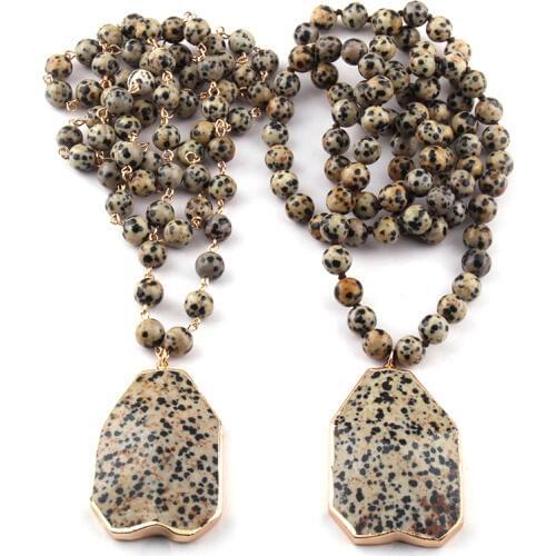 Fashion Bohemian Tribal Jewelry Natural Dalmatian Jasp Stone Knotted Handmake Drop Pendant Necklaces For Women Ethnic Neck