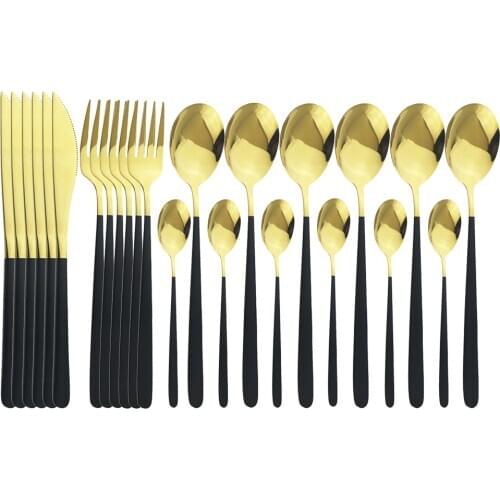 24Pcs/Set Black Gold Cutlery Set Knife Fork Spoon Flatware Set 18/10 Stainless Steel Tableware Set Mirror Black Dinnerware Set