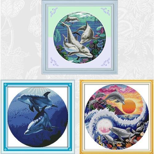 Classical dolphin Patterns Series Cross Stitch Kits 11CT Printed Fabric 14CT Counted Canvas DMC Cross-stitch Embroidery Sets