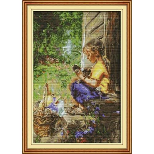 Girl and kitten 11CT14CT printed embroidery stitch stitch decoration home paintings