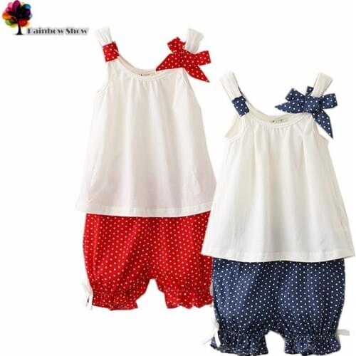 New Children Clothing Summer Girls Fresh Lovely Bows Vest Dots Lantern Shots Sets Cotton Girls Casual Sets