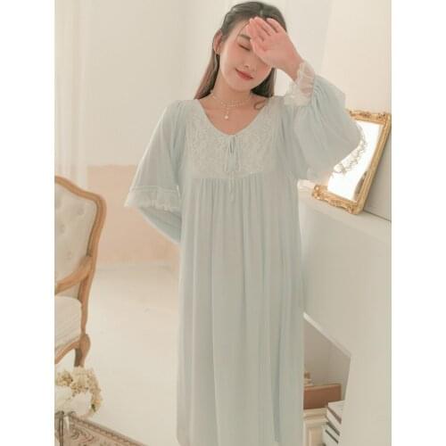 Hanxiuju New Vintage Soft Lace Modal Sleepwear For Lady Elegant Long Nightgowns Autumn Spring Long Sleeve Loose Sleepwear