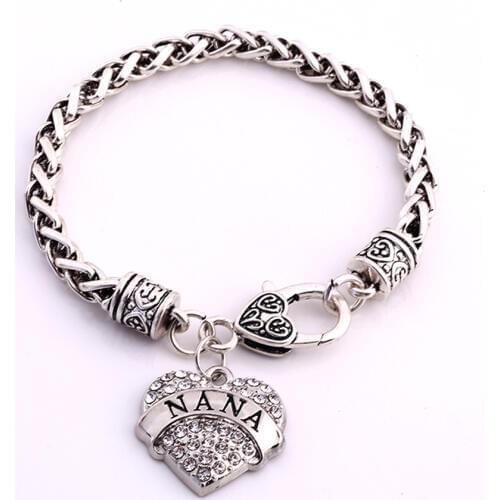 Mothers Day Gift for Nana Engraved Crystal Adorned Heart Shaped Pendant Lobster Claw Bracelet Gift Nana