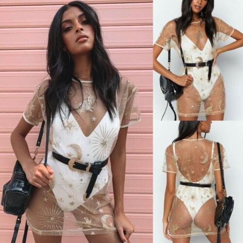 Sexy Womens Gold Sequins Beach Mini Dress Bikini Cover Up Summer Wear Swimwear