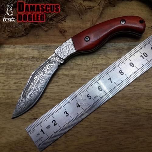 LCM66 Damascus Folding Knife, Sandal Wood Handle Survival Knives,Mini Rescue Pocket folding knife,Gift Knives Tools Puppy legs