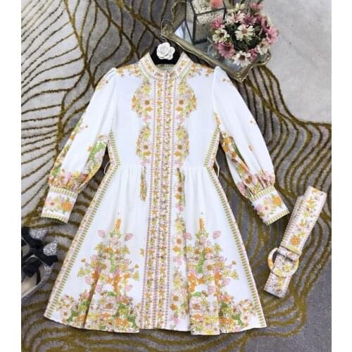 Spring 1.10 2021 Early New High end Lantern Sleeve O-neck Print Temperament Elegant With Belt Fashion Dress