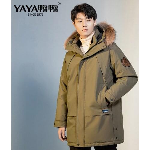 YAYA 2021 Winter Men‘s Mid-length Straight Tube European Style Down Jacket Thicken Real Fur Hooded Warm Windbreak Overcoat