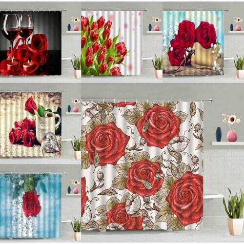 Red Rose Flower Shower Curtain Plant Floral Tulips Printed Romantic Red Wine Girl Bathroom Decor Bath Screen Waterproof Curtains
