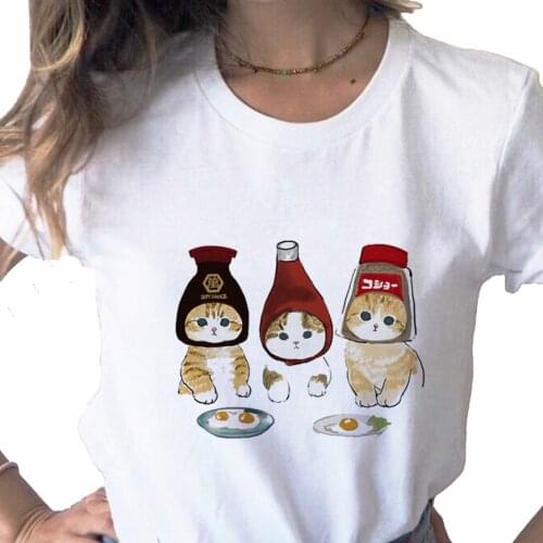 Kawaii Cat Funny Cartoon print ladies T-shirt ladies casual basis O-collar white shirt short sleeve ladies T-shirt,Drop Ship