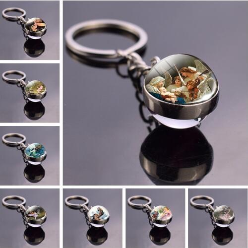Angels Pattern Romantic Art Glass Ball Keychain Angel Wings Fairy Tale Pendant Women Fashion Jewelry