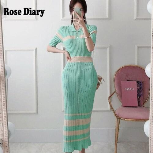 RoseDiary Women Striped Fashion Knitted Long Dress Lapel Collar Lady Sexy Fitness Casual Knitting Largo Vestidos Trendy Clothes