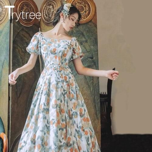 Trytree 2020 Spring Autumn Women Dress Casual Square Collar Puff Sleeve Print A-line Fashion Elegant Temperament Mid-Calf Dress