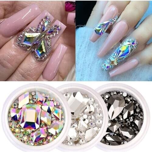 1 Box Glitter Nail Rhinestones Mixed Size Shape AB Color Flat Back Bottom Shiny Crystal Gems Stone Beads 3D Nail Art Decorations