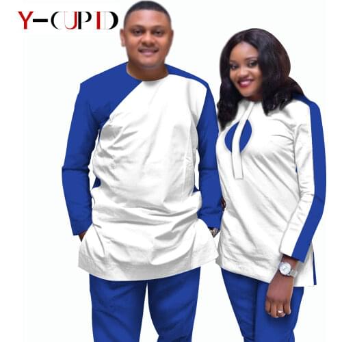 African Clothes for Couples Women Patchwork Top Shirts and Pants Sets Matching Men Outfits Bazin Riche Lover Clothes YS20C006