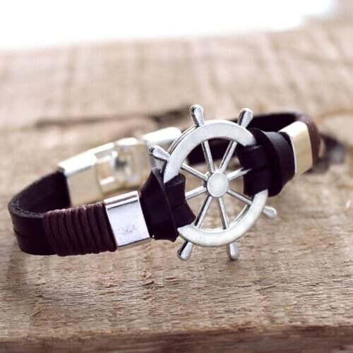HOT Genuine Cow Leather Bracelets For Men women Punk Vintage Rudder Charm Leather Bracelet Bangles Jewelry Love the sea