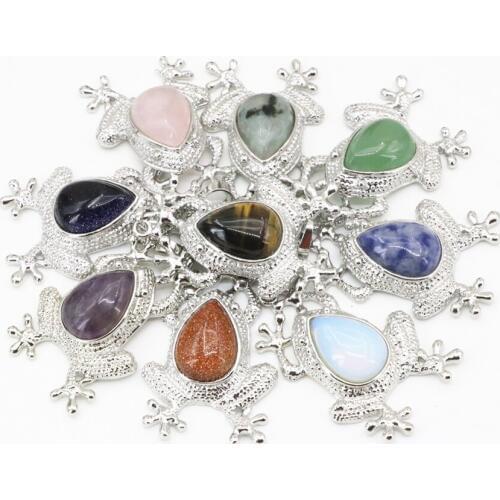 Natural Opal Crystal Dalmation Sandstone Stone Pendant Jewelry Making Animal Design Frog Shape 29x45mm Charm Beads Finding B3296