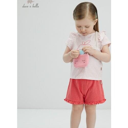 DB16934 dave bella summer baby girls cute cartoon striped clothing sets kids fashion sets children with a small bag 3 pcs suit