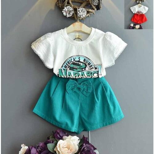 Kids Clothes Girls 2021 Summer Letter Printed T-shirt & Bow Shorts 2-piece Set School Girl Outfit Clothes for Toddler Girls 2-6Y