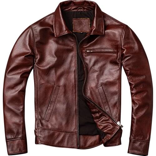 Spring and Autumn Genuine Leather Jacket Mens Head Layer Cowhide Leather Locomotive Slim Leather Jacket Red Brown Specials