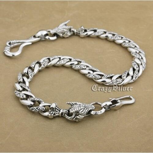 LINSION 12"~36" Huge 925 Sterling Silver Fish Hook Dragon Mens Biker Punk Wallet Chain 8F002WC2