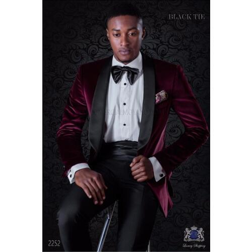 Fashionable One Button Wine Velvet Groom Tuxedos Shawl Lapel Groomsmen Men Blazers Suits (Jacket+Pants+Tie) NO:392