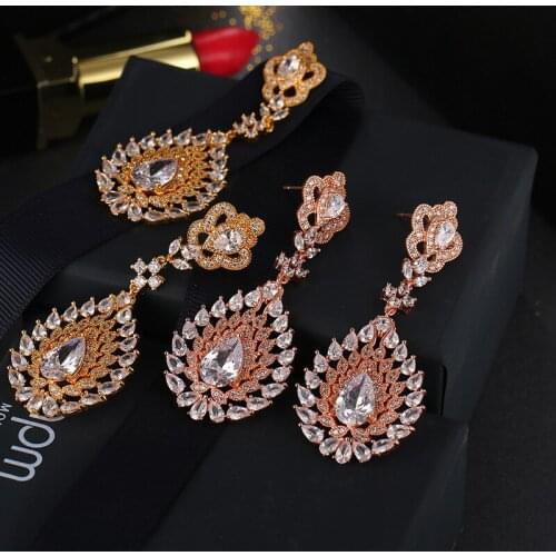 Trendy Luxury Exaggerated Zircon Flame Dangle Earrings Female Vintage Gold Color Earring Women Bride Wedding Jewelry Accessory