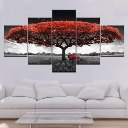 Modular Canvas HD Prints Posters Home Decor Wall Art Pictures 5 Pieces Red Tree Art Scenery Landscape Paintings Framework