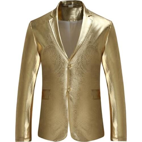Mens Gold Metallic Notched Lapel Party Suit Jacket 2020 Stylish Paisley Floral Tuxedo Blazer Jacket Wedding Prom Stage Costumes