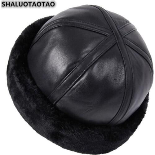 SHALUOTAOTAO New Genuine Leather Hat Winter Fashion Sheepskin Bomber Cap For Elderly Lady Velvet Thermal Earmuffs Tide Hats Men