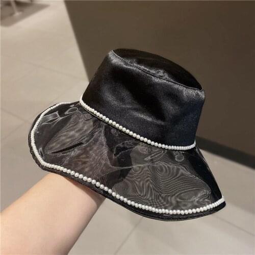 Korean Style Ins Elegant Pearl Mesh Bucket Hat Satin Mercerized Summer Sun-Proof Bucket Hat Bonnets for Women Bucket Hat