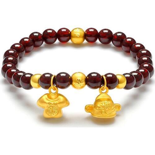 Real 999 Yellow Gold 3D Luck Shirt Charm Garnet Beads Link Bracelet