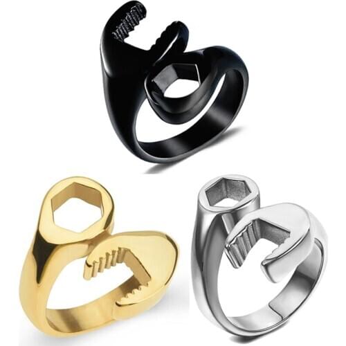 Adjustable Finger Ring Biker Mechanic Wrench Stereoscopic Trendy Style Heavy Metals Punk Rock Man Ring