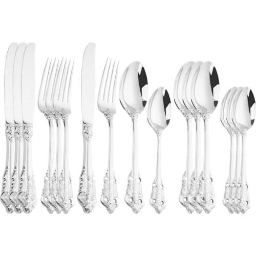 Luxury Golden Dinner Set Vintage Western Gold Plated Cutlery Stainless Steel Knife Fork Set Silver Dinnerware Silver Flatware