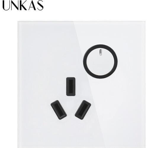 UNKAS White Crystal luxury glass 16A Wall Electrical Power Socket 3 hole Power Outlet and 1 Gang 1 Way Wall Light Switch