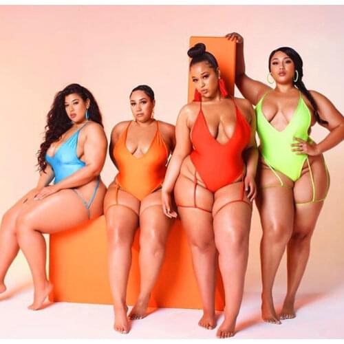 Sexy Bathing Suit Plus Size Garter Belt One Piece Swimsuit Solid Monokini Plunge Swimwear Bandage Bodysuit Trikini Beachwear XXL
