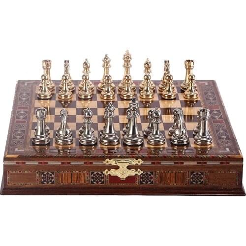 Classic Chess Set Handmade Pieces,Natural Solid Wooden Chess Board with Pearl Design Around Board and Storage Inside King 7 cm