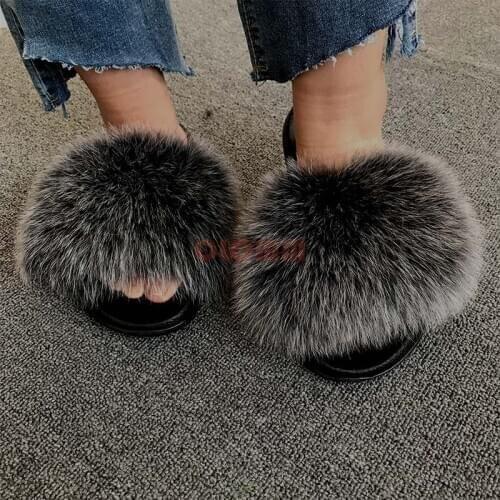 Women Fur Slides Summer Shoes Home Woman Luxury Furry Slippers Indoor Female Sandals Fluffy Cute Raccoon 2021 New Plus Size