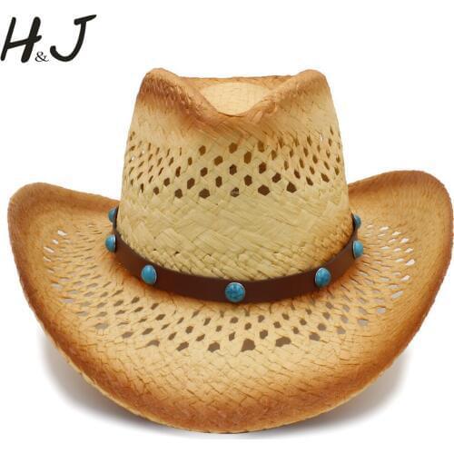 Western Cowboy Hat For Men Women Summer Straw Hats Alloy Feather Beads Cowgirl Jazz Cap Wide Brim Sun Caps Sombrero