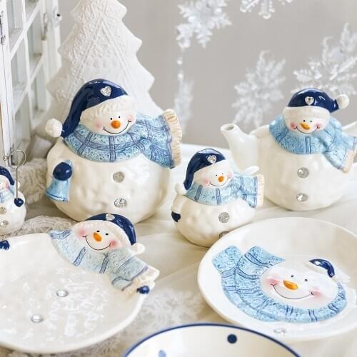 Blue Snowman Plates Christmas Gift Home Decor Snack Dishes Kitchen Utensils Tablware