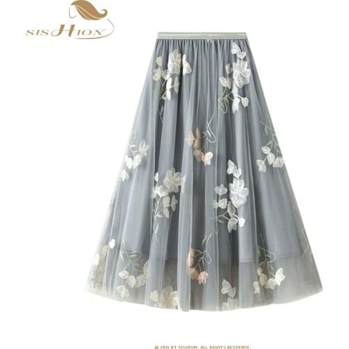 SISHION Flower Embroidery Skirt Summer Princess Tulle Skirts Womens Mesh A-line Saia Female Jupe Tutu Skirts Faldas Mujer VD2076