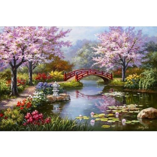 Modern art hand painted canvas oil paintings Japanese Garden in Bloom colorful landscapes picture for living room