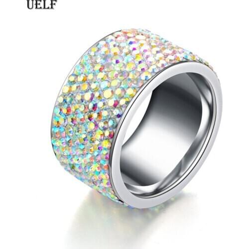 Uelf Fashion Full Crystal Big Wedding Rings For Women Romantic Stainless Steel Ring Bague Femme Silver-Color Ring Female